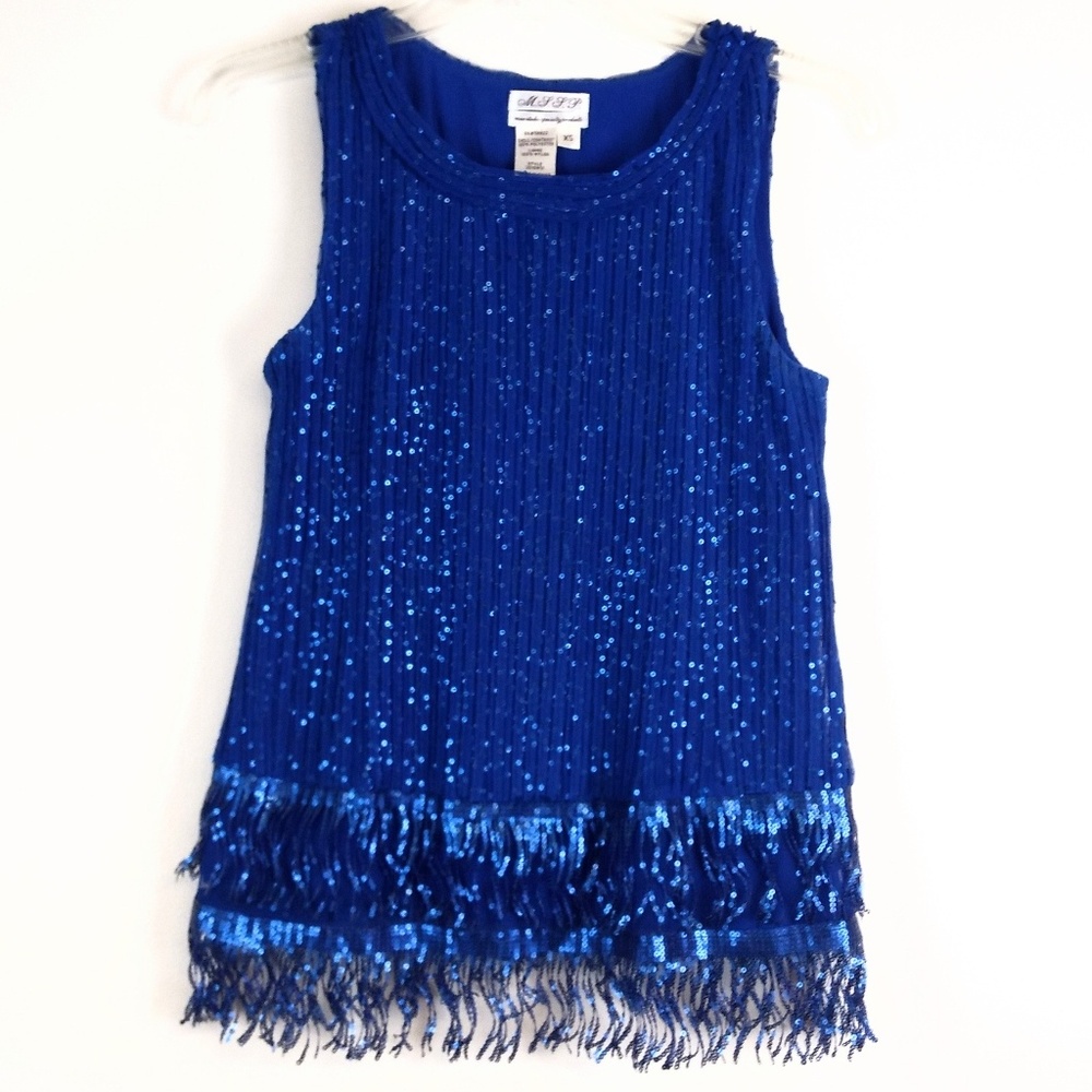 Max Studio MSSP Blue Sequins and Fringe Sleeveless Top XS